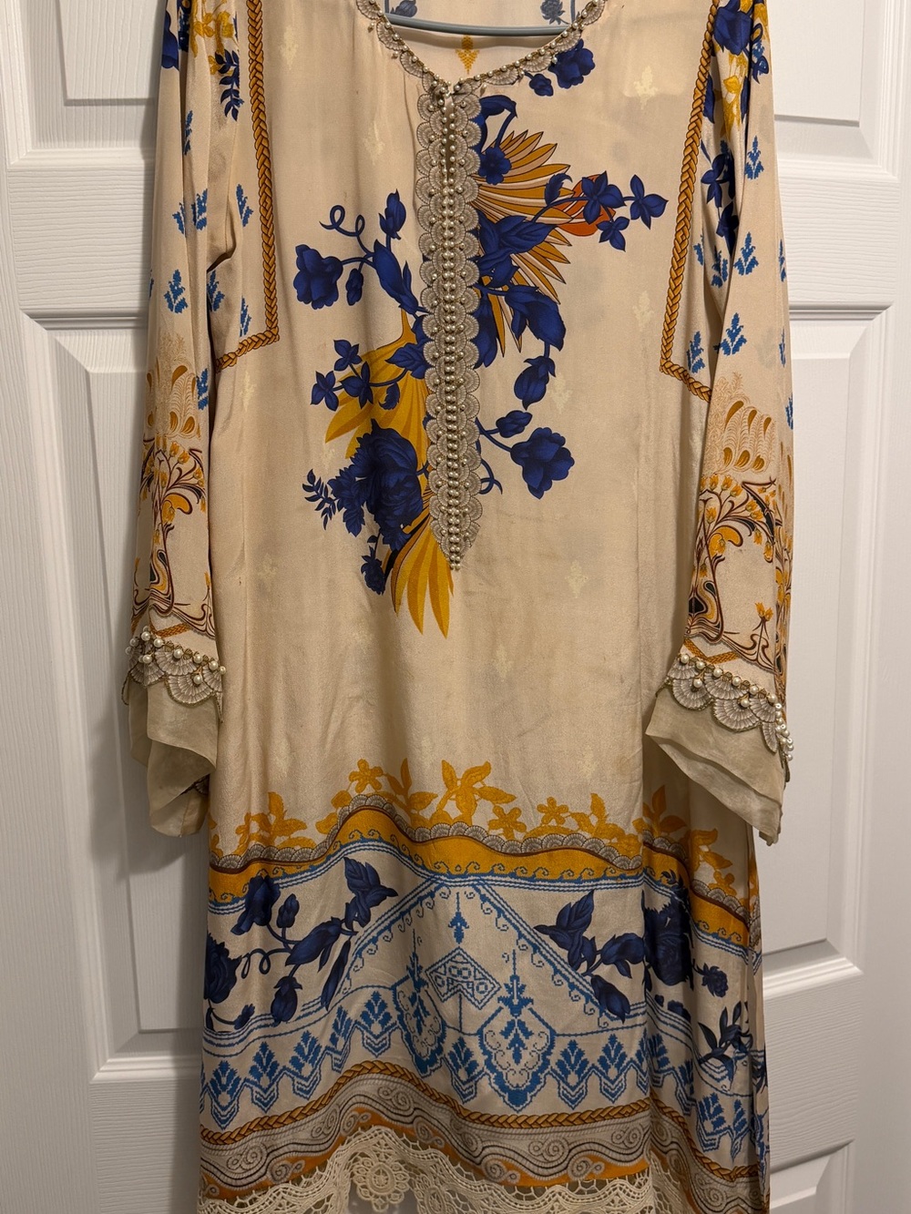 Ivory Floral Embroidered Tunic Dress with Blue & Mustard Accents